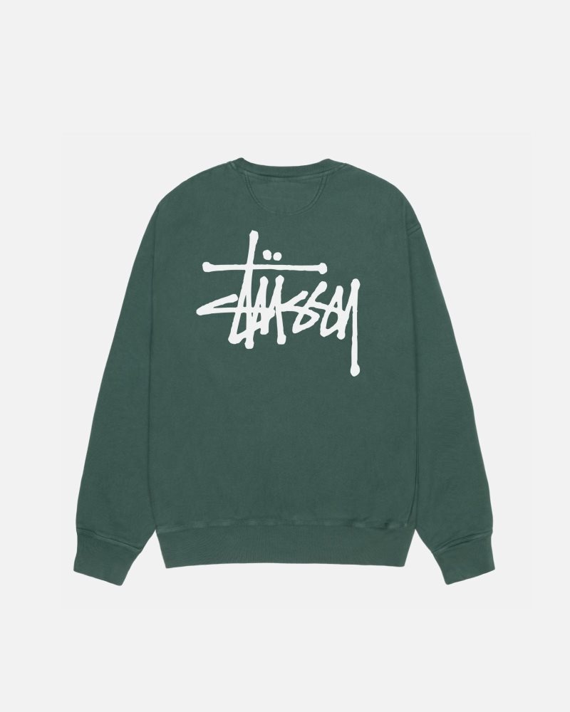 Sweat Stussy Basic Stüssy Crew Pigment Dyed Forest | TCW-1295084