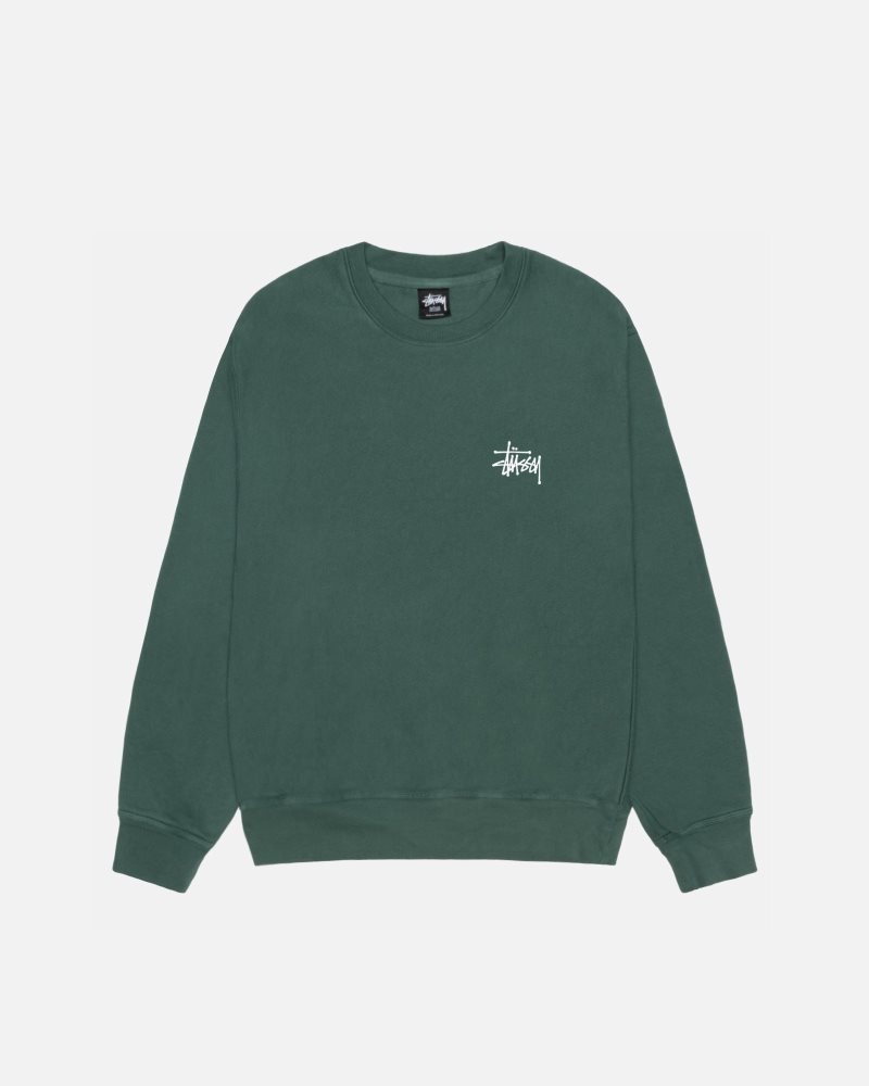 Sweat Stussy Basic Stüssy Crew Pigment Dyed Forest | TCW-1295084