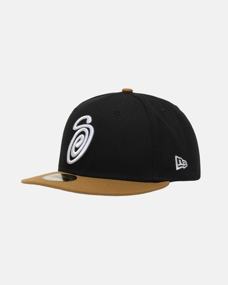 Casquettes Stussy New Era 59fifty Curly S Black/Gold | ESI-6393606